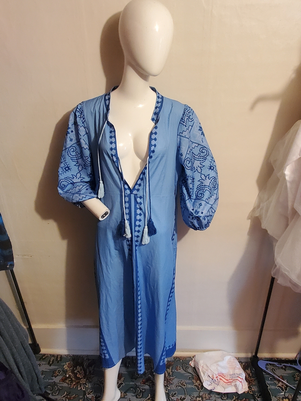 Light Blue Embroidered Cotton Caftan Dress SIZE M